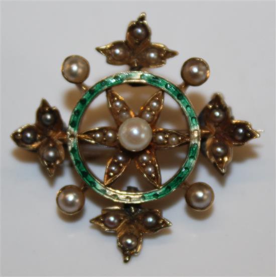 Gold seed pearl and enamel brooch